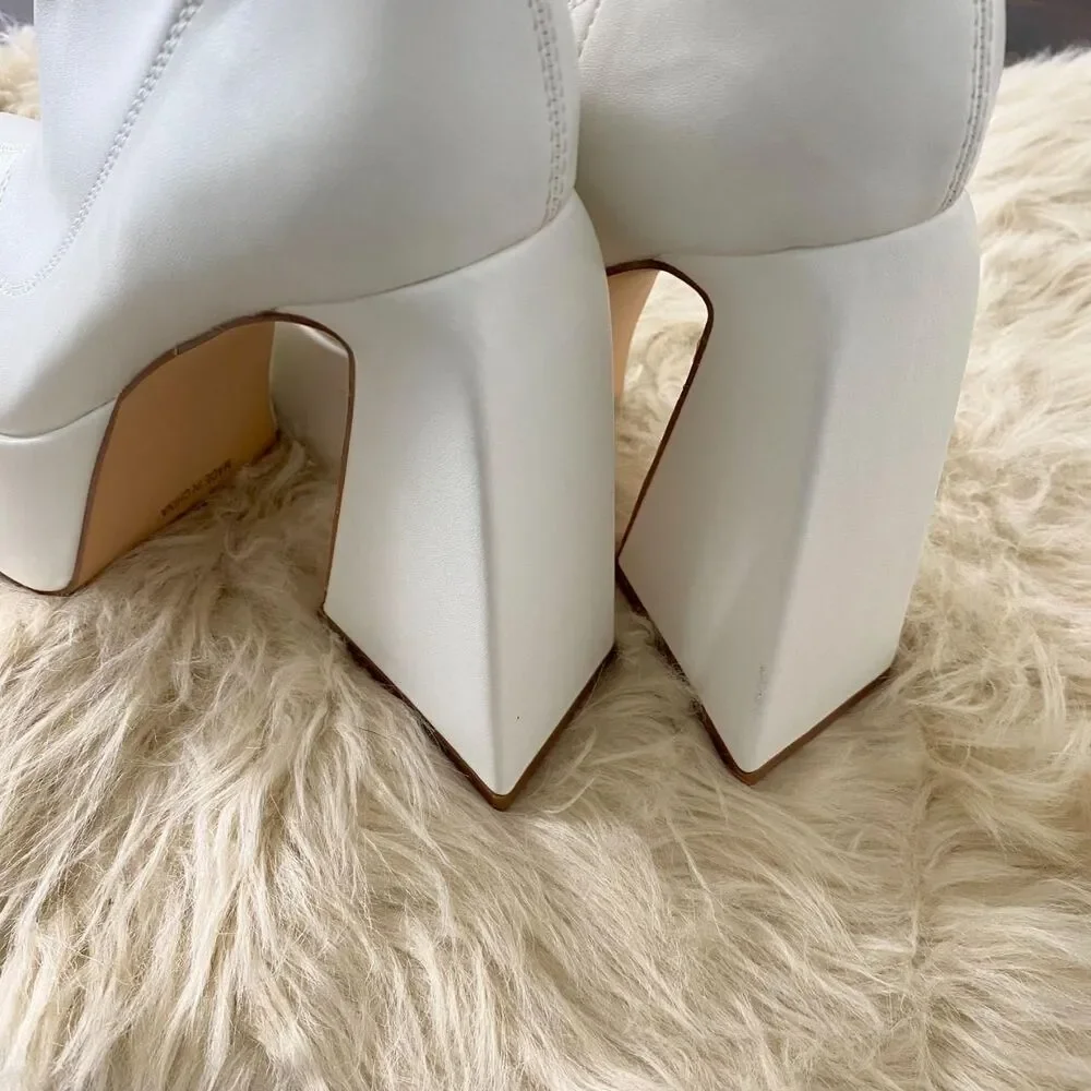 Chunky White Faux Leather Platform Knee High Heel Triangle Heels Boots US 7